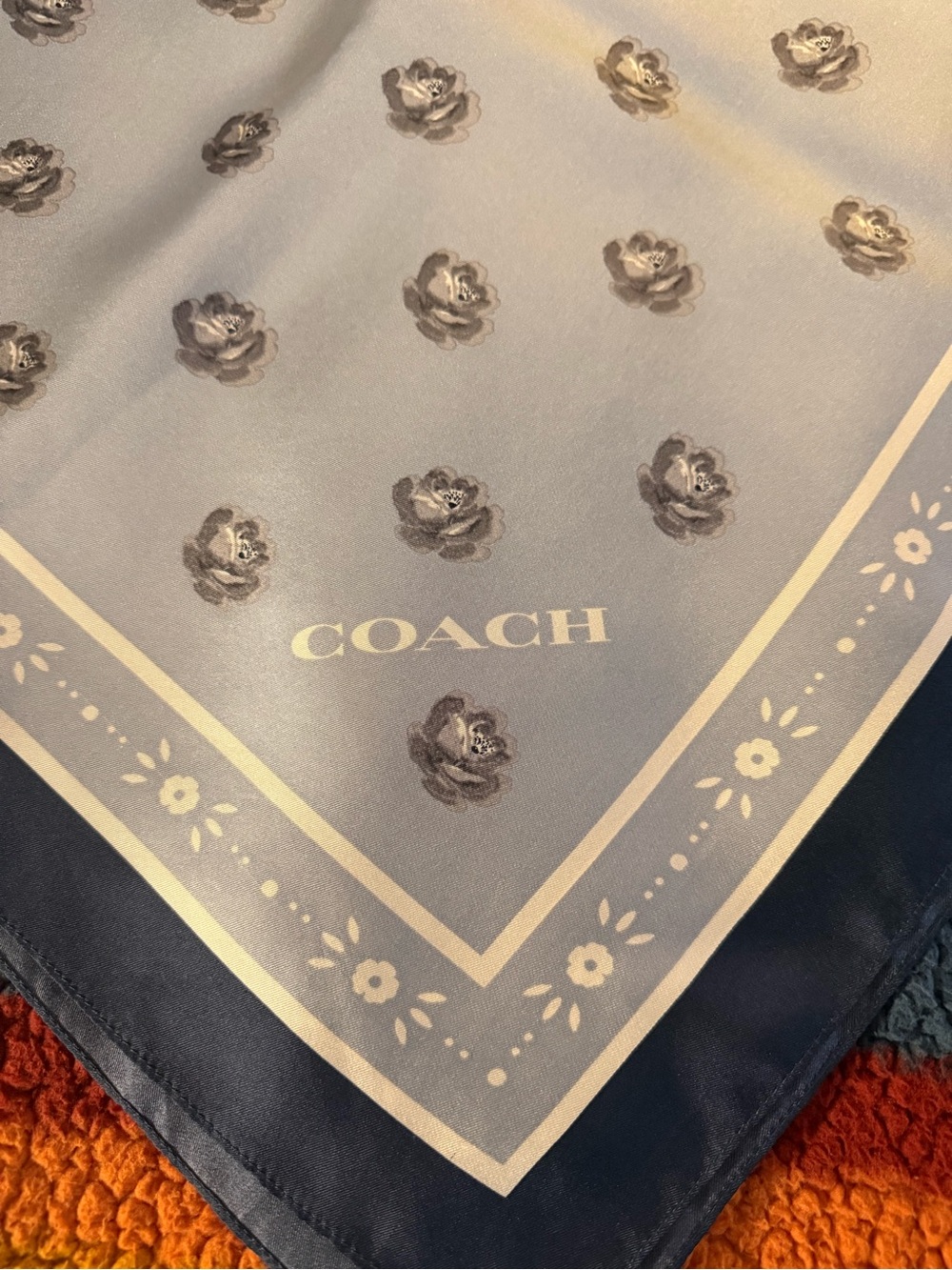 Coach Silk Logo Square Scarf in Light Gray and Dark Gray